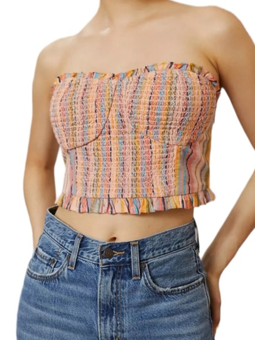 Anthropologie Pilcro Rainbow Striped Print Smocked Strapless Cropped Top - M